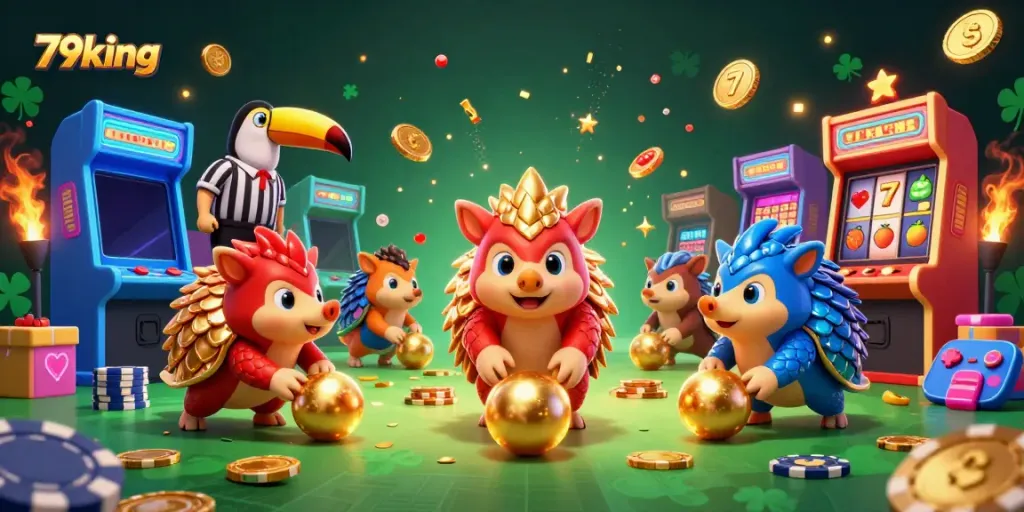 Engaging scene of 79king's colorful casino universe with pangolins, poker chips, and arcade game machines.