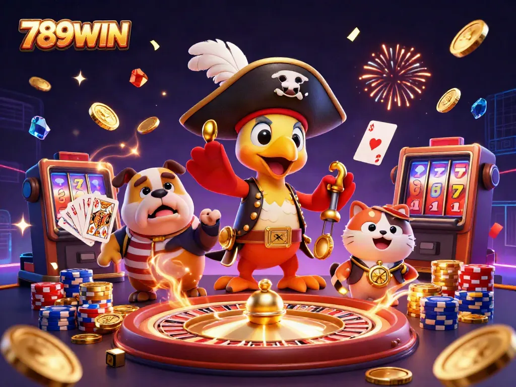 Experience the excitement of 789WIN with vibrant casino elements, cartoon characters, and golden treasures.