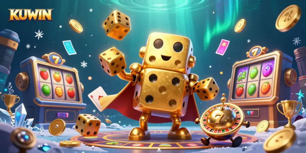 KUWIN's exciting casino experience featuring golden dice golem and thrilling jackpot action