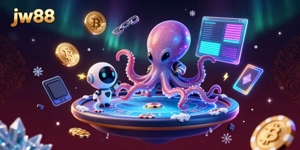 Play poker with jw88's alien octopus at a holographic table, surrounded by crypto coins.