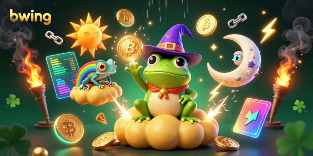 Bwing showcases enchanting gaming magic as a wizard frog conjures golden coins with a rainbow chameleon enhancing the ambiance.
