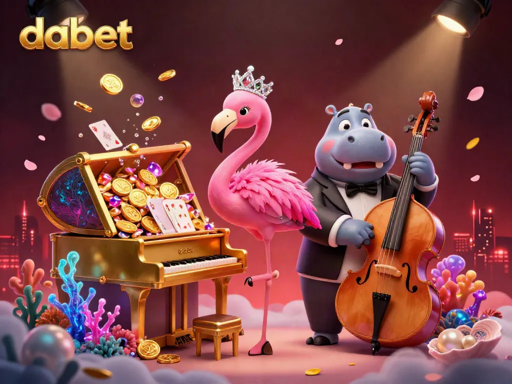 Dabet's vibrant casino scene features a flamingo singer and hippo bassist amidst gold coins and glowing gems.