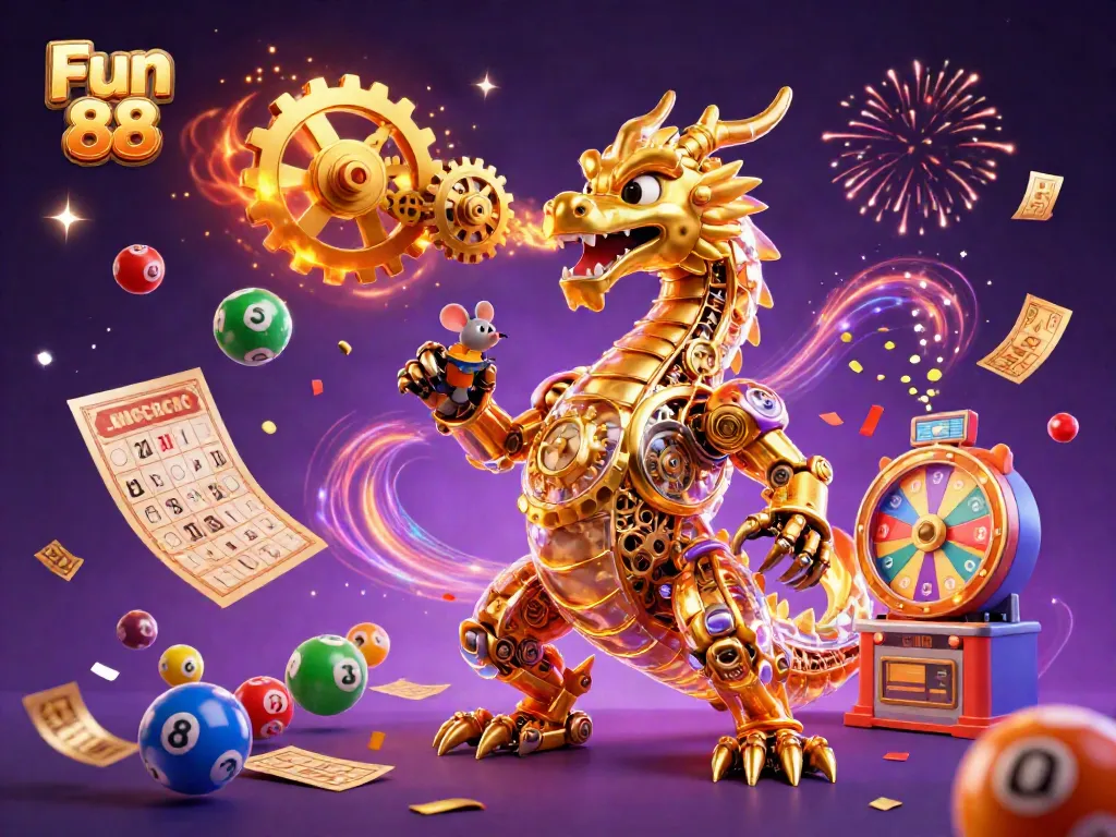 Experience the excitement of Fun 88 with a vibrant and magical 3D illustration featuring a golden dragon and dynamic game elements.