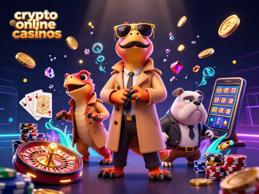 Experience exciting crypto online casinos with raptors in a trench coat in a vibrant gambling scene