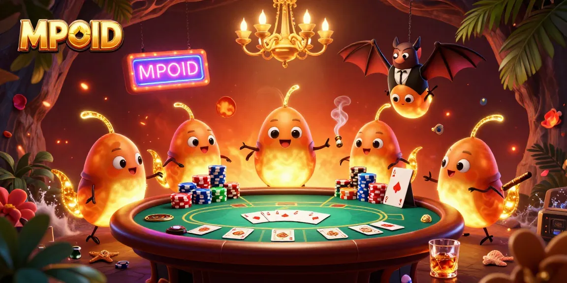 MPOID glowworms illuminate a dynamic poker scene with vibrant casino elements.