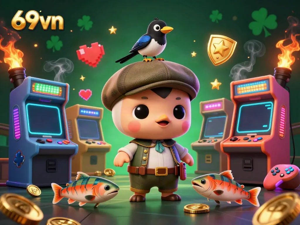 Engage in thrilling gameplay at 69vn with vibrant slot machines and cartoon characters in a rich casino setting.