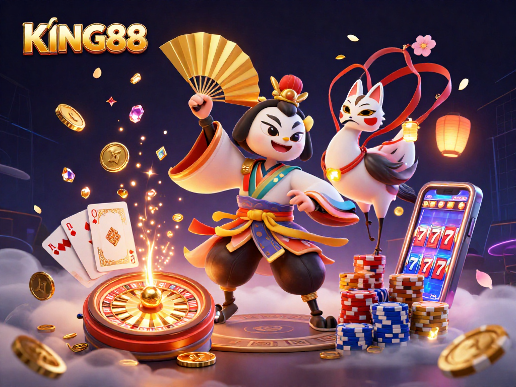 Engage with KING88 in a vibrant 3D casino scene featuring a kabuki warrior with golden fan and rich game elements.