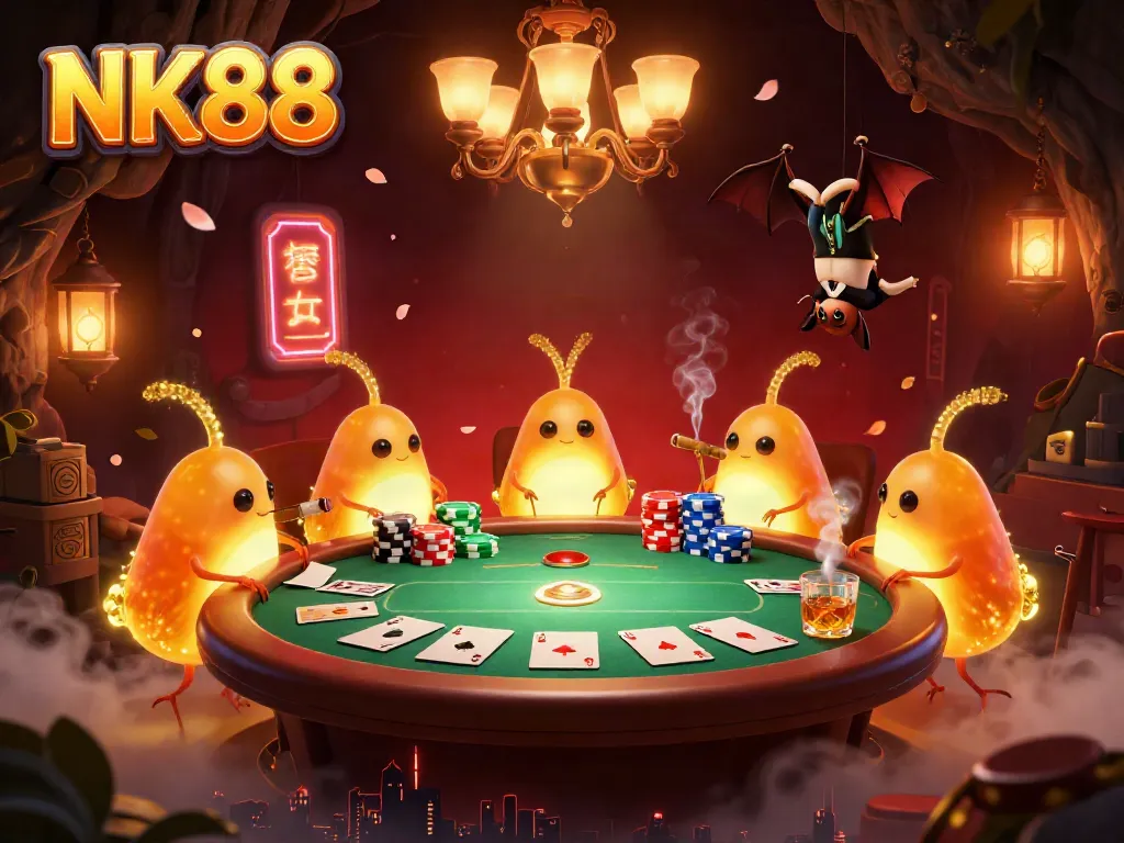 Experience thrilling NK88 action in a vibrant 3D casino scene with glowing characters and poker elements.