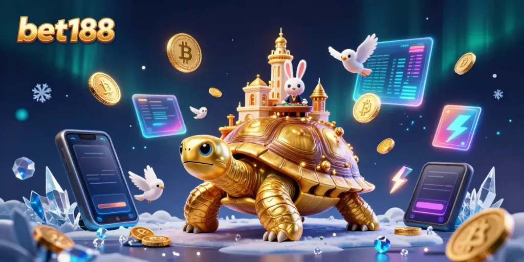 Bet188 featuring a captivating golden tortoise casino with a rabbit dealer amidst vibrant crypto coins.