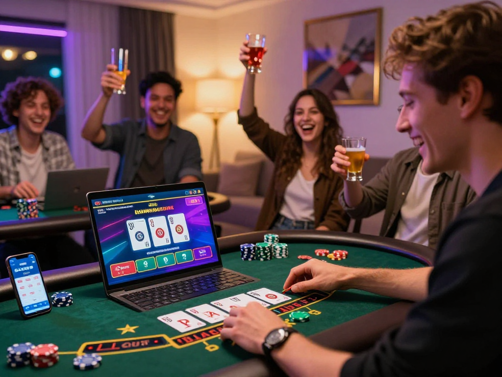 Giocatore entusiasta che si diverte con siti non AAMS, mentre gioca a blackjack online in un ambiente vivace e luminoso.