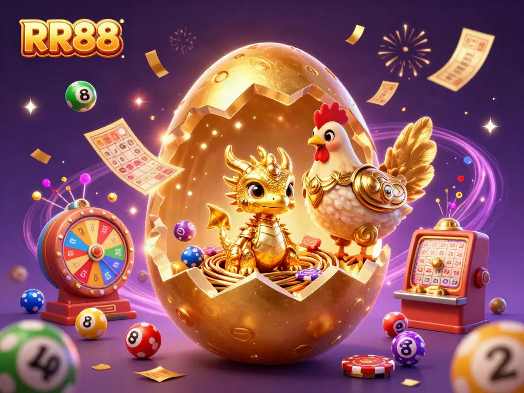 Experience the excitement of RR88 with a golden dragon and poker chips amidst vibrant gambling elements.