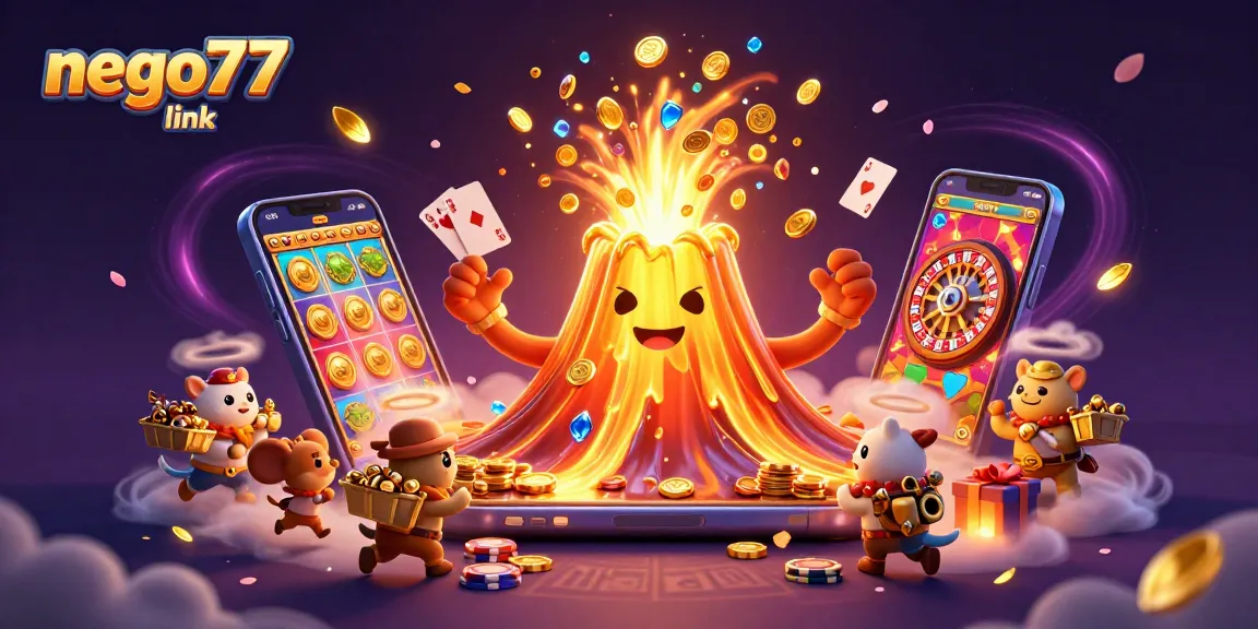 Experience the thrill with nego77 link as coins erupt in a dazzling 3D casino scene.