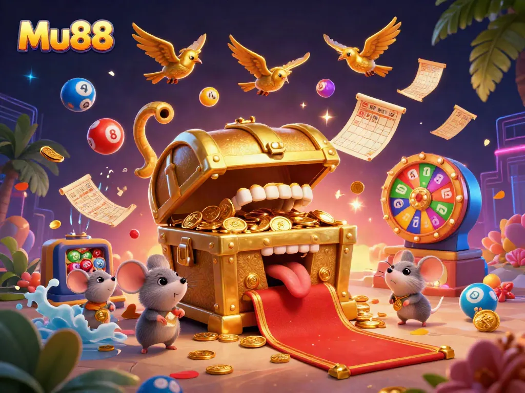 Experience the thrill at Mu88 with vibrant lottery and casino elements in a dynamic scene.