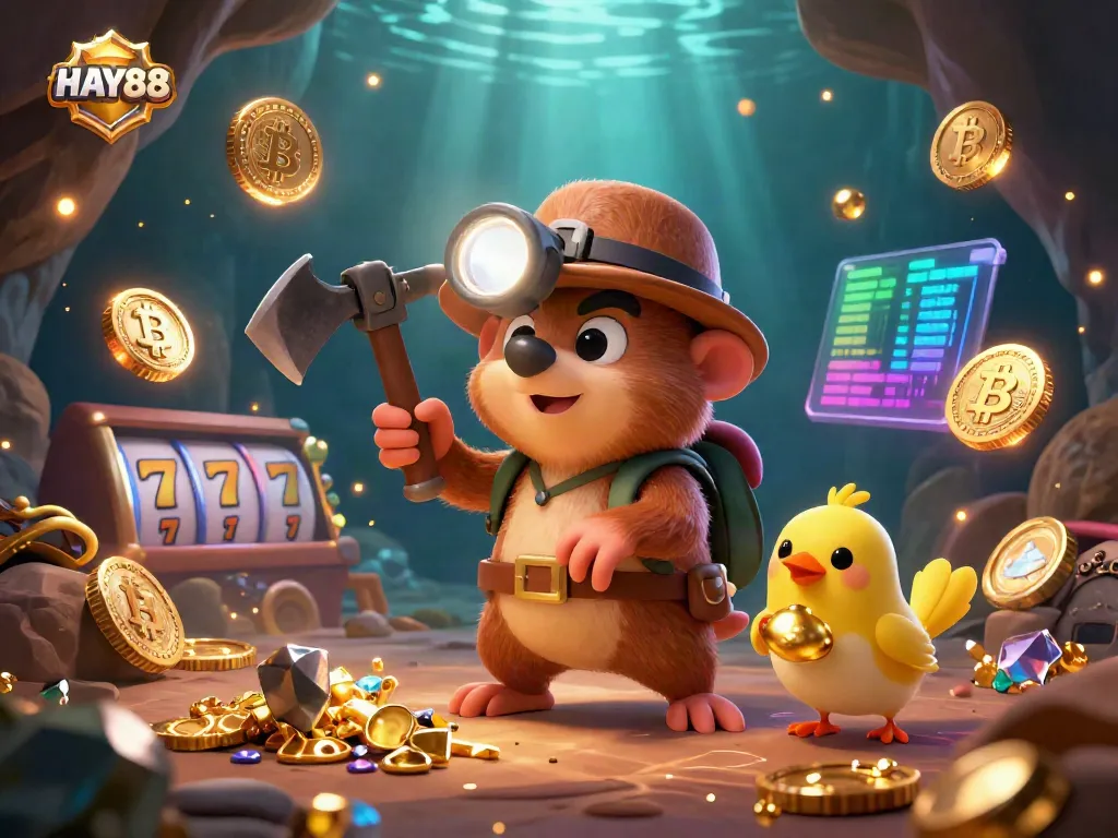 Engage in thrilling casino visuals with HAY88 - a treasure-hunting mole and canary surrounded by colorful jackpot games and cryptocurrencies.