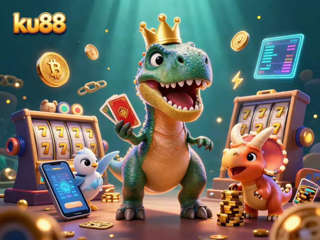 Engage with ku88's vibrant casino scene showcasing a T-Rex and pterodactyl in action.