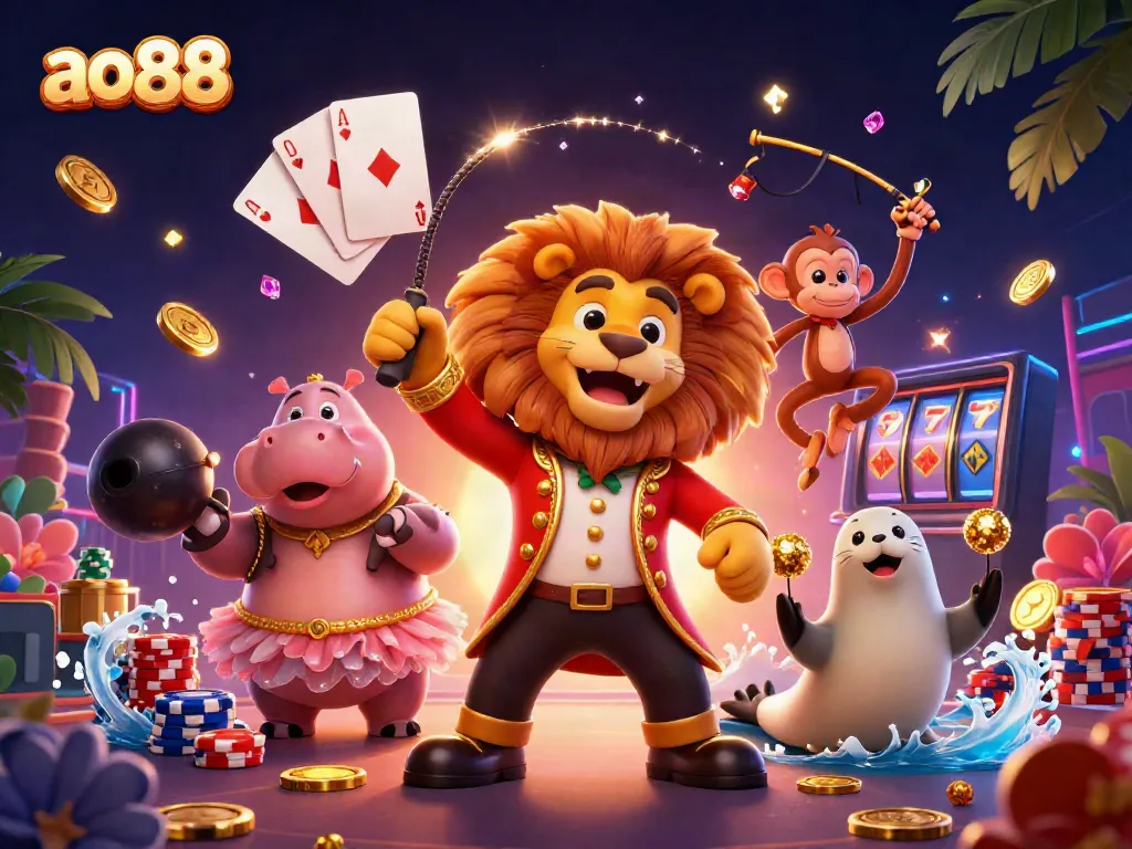 Experience exciting gameplay and vibrant elements with ao88 in this animated casino scene.