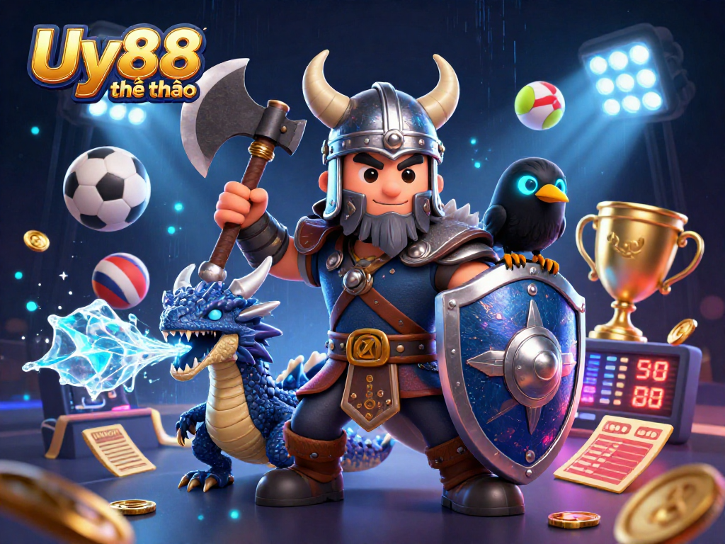 Bet on Uy88 thể thao with thrilling sports-themed 3D illustration featuring dynamic characters and gaming elements.
