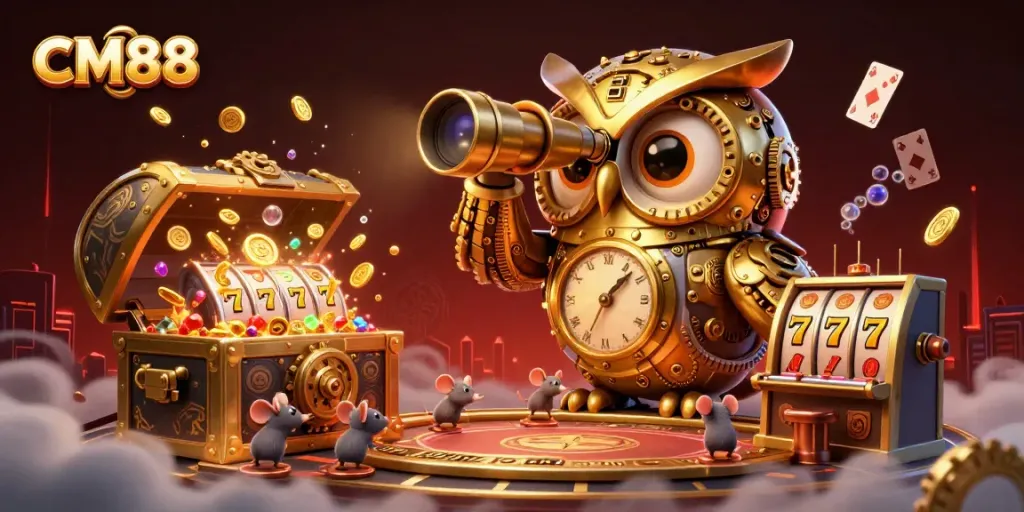 Engage with CM88's dynamic casino adventures featuring a golden owl and lively slot machines.
