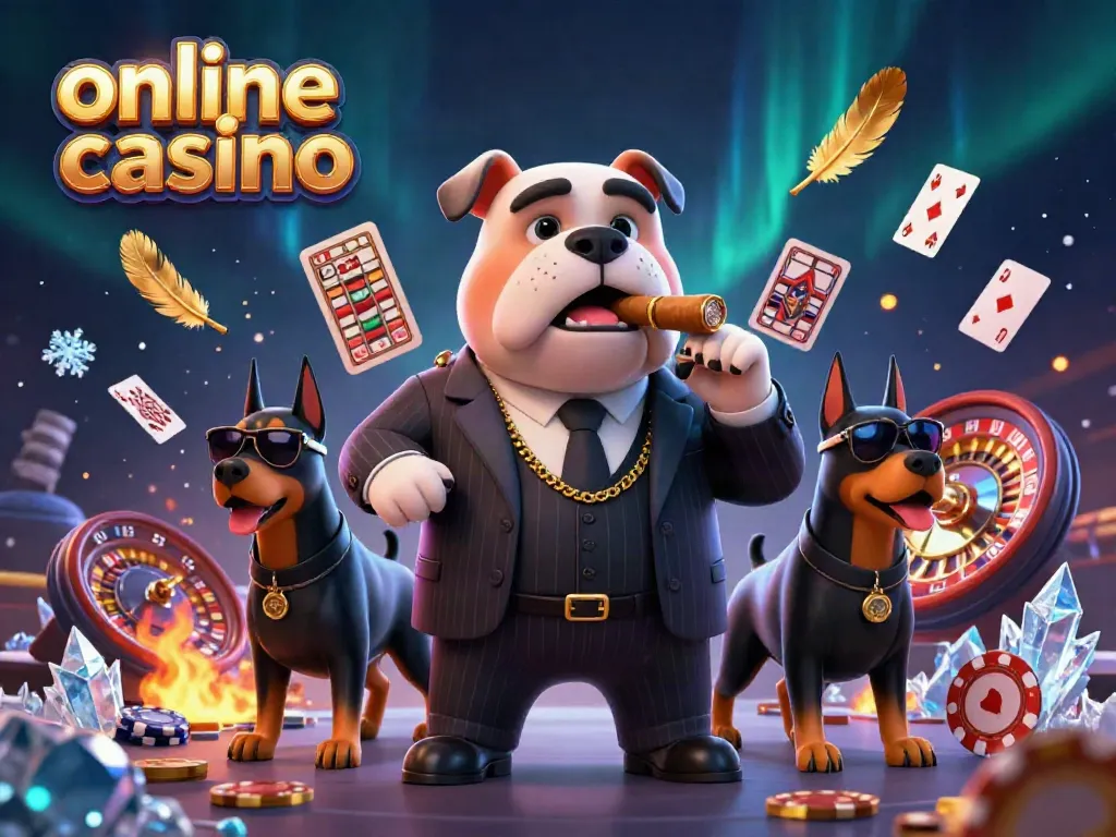 Experience the excitement of an online casino with animated mafia characters among slot reels and poker elements.