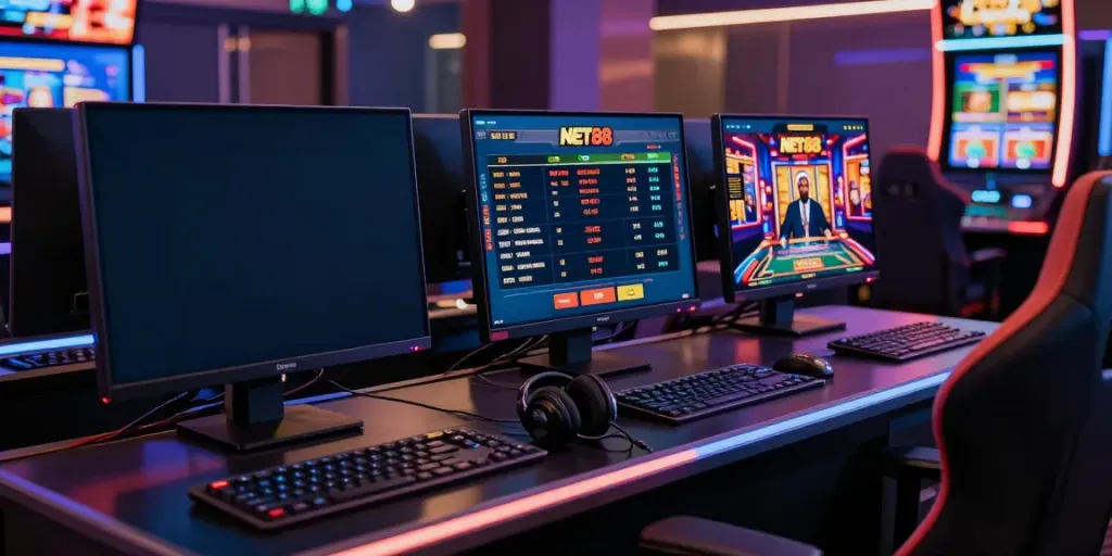 NET88 online gaming setup with live dealer, sports betting, and vibrant slot games in an immersive environment.