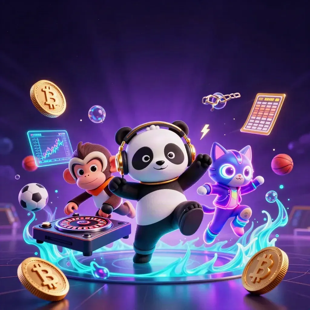 DJ panda, breakdancing monkey, and neon kitten in a casino rave with coins, lightning, and glowing space.