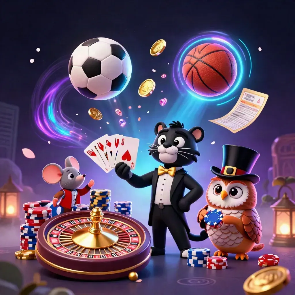 Black panther, owl, and mouse in neon casino chaos with balls, chips, coins, and magical glow.