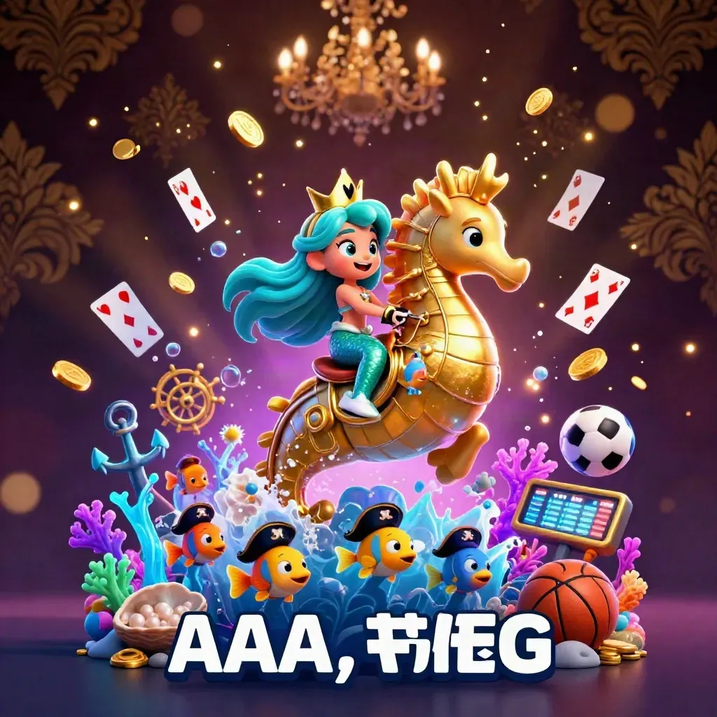 Mermaid princess on armored seahorse in a glowing treasure cove with pirate fish and casino props