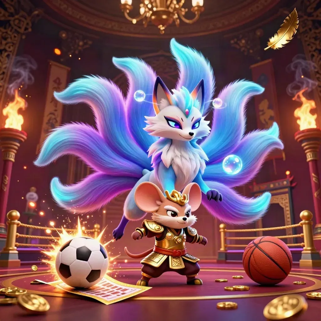 Neon fox spirit and armored mouse amid sports balls, coins, embers and casino glow.