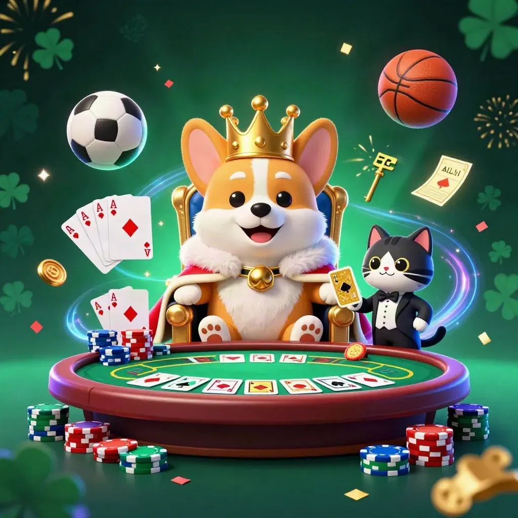 Royal corgi and cat butler amid chips, cards, balls, and casino magic.