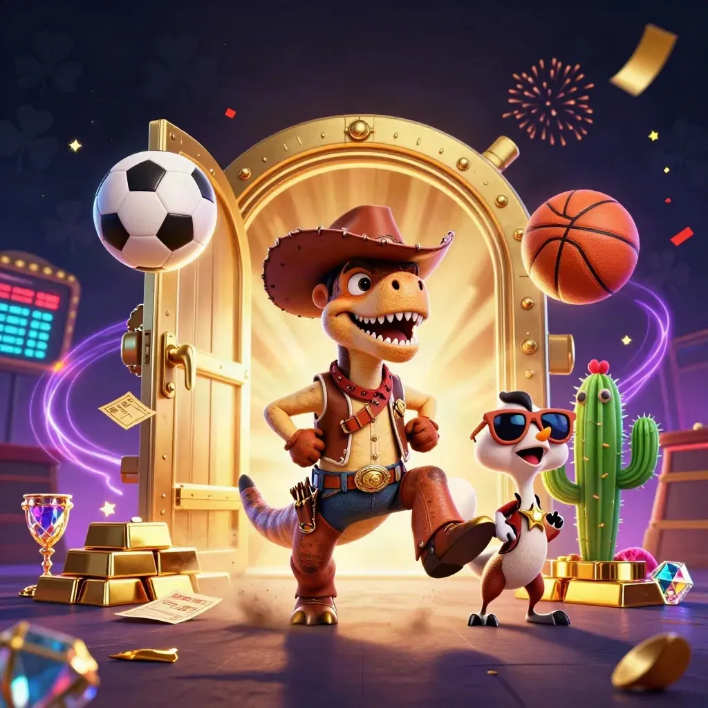 Cowboy T-Rex, cactus, and roadrunner amid vault gold, confetti, and flying sports balls.