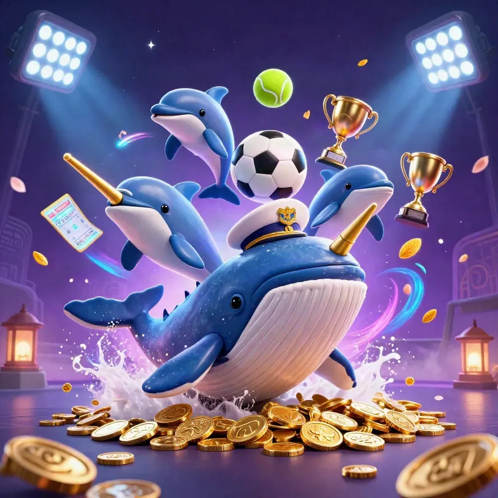 Captain whale, narwhal and dolphins burst through coins under neon stadium lights.