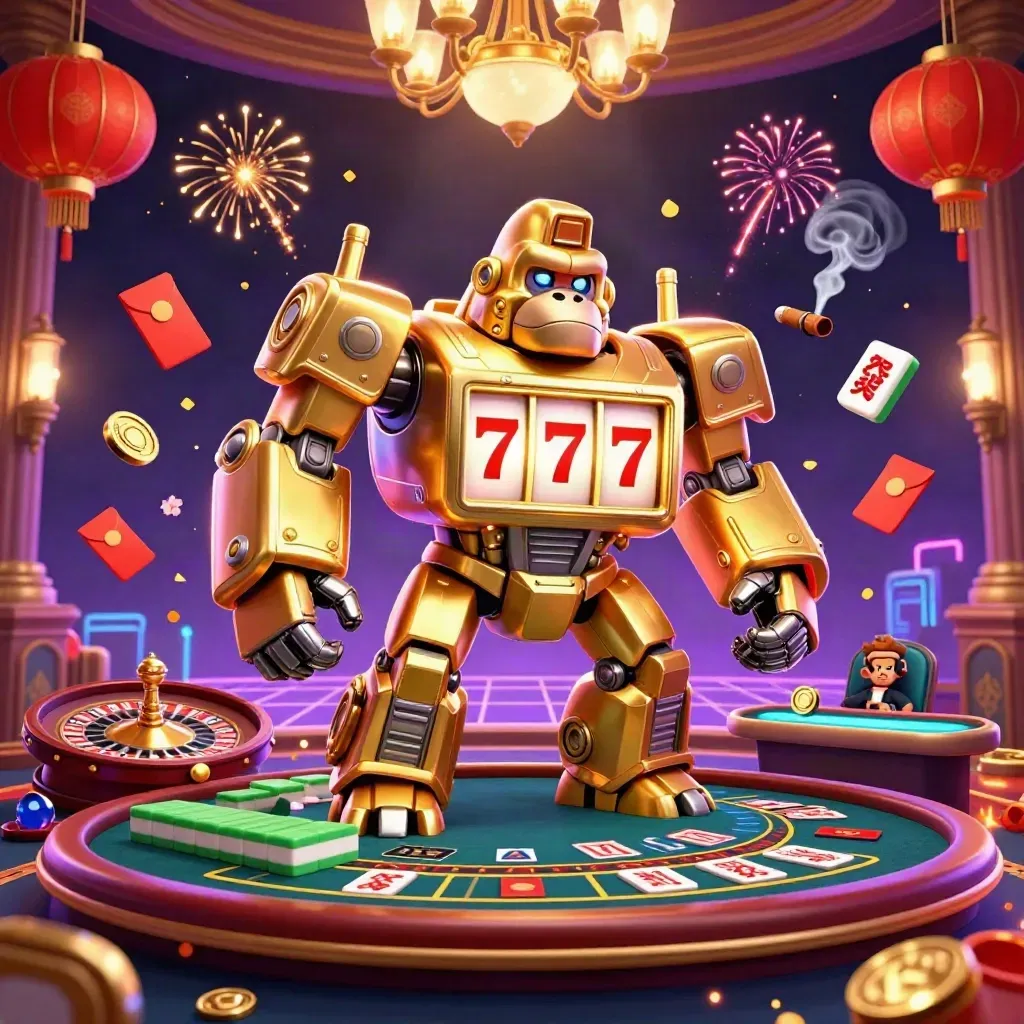 Golden gorilla mech with monkey pilot, lanterns, coins, cards, and spinning roulette in neon casino light