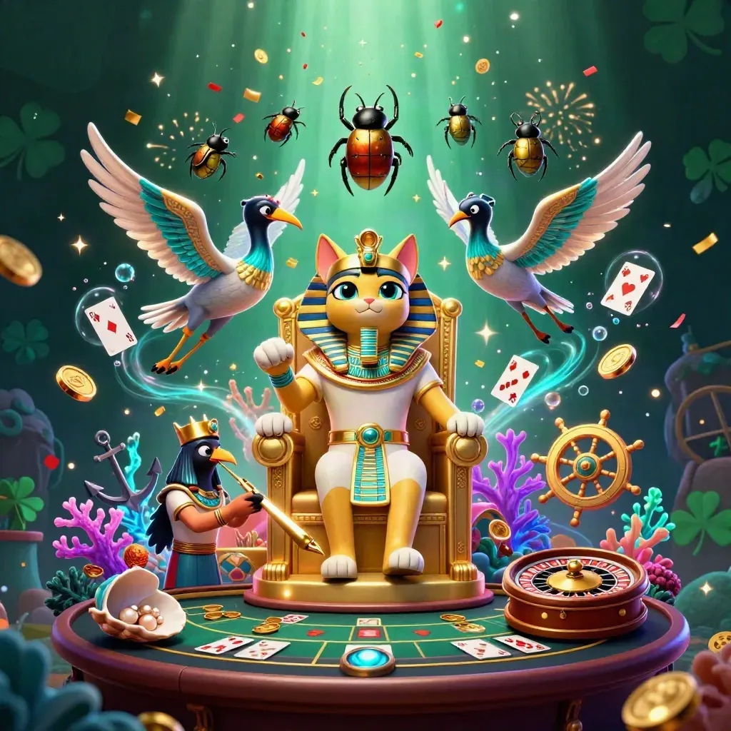 Pharaoh cat, ibis scribe, and gem scarabs amid casino treasure, coral, and glowing effects.