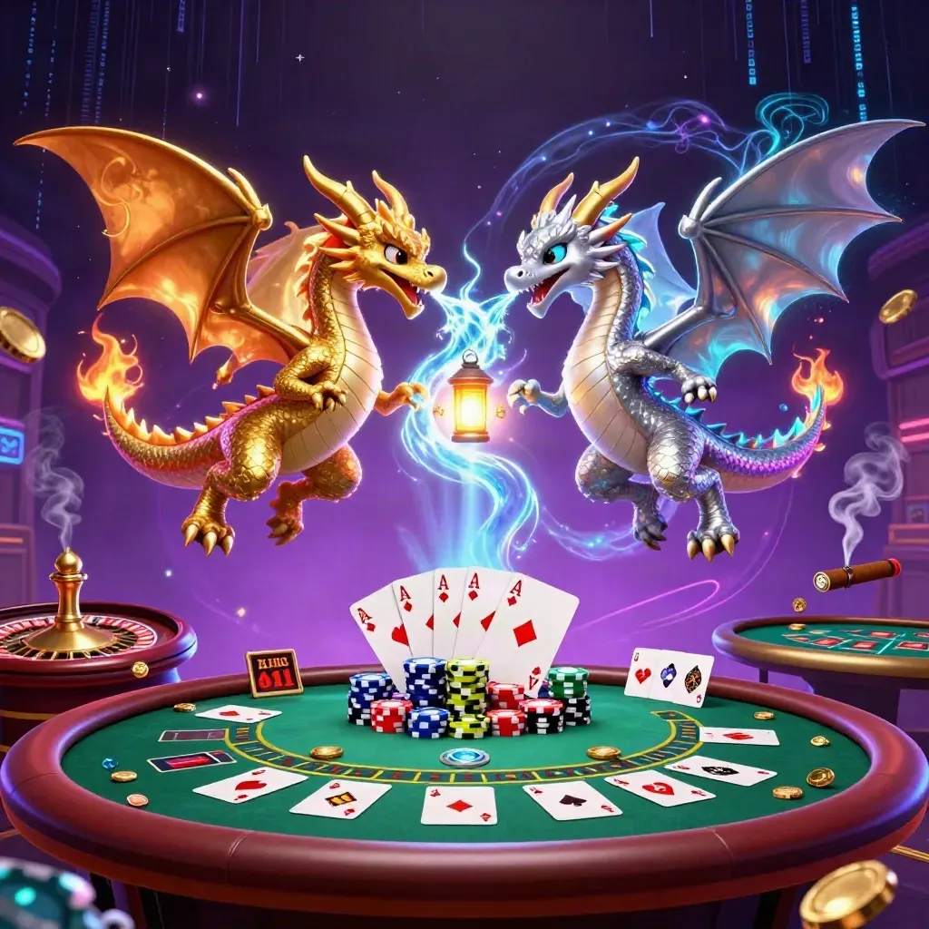 Gold and silver dragons swirl over a neon casino table in a dark, luxurious room.