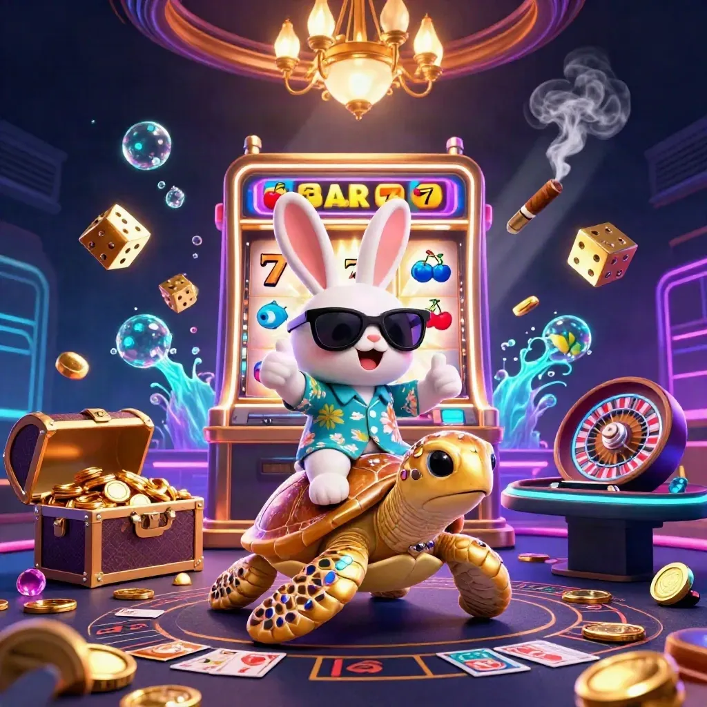 Rabbit on golden turtle amid slots, dice, coins, and neon casino lights.