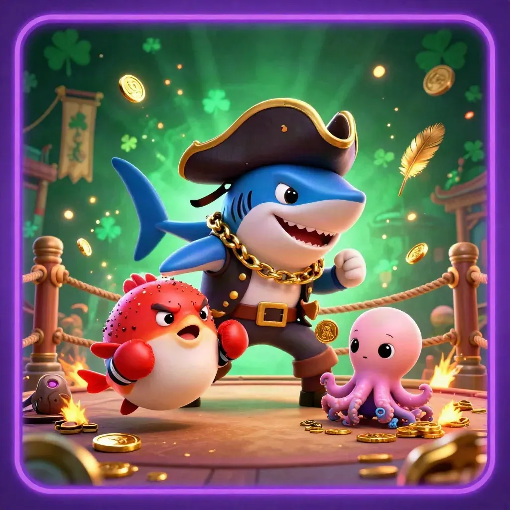 Pirate shark, boxing pufferfish and juggling octopus amid gold bursts and temple glow.