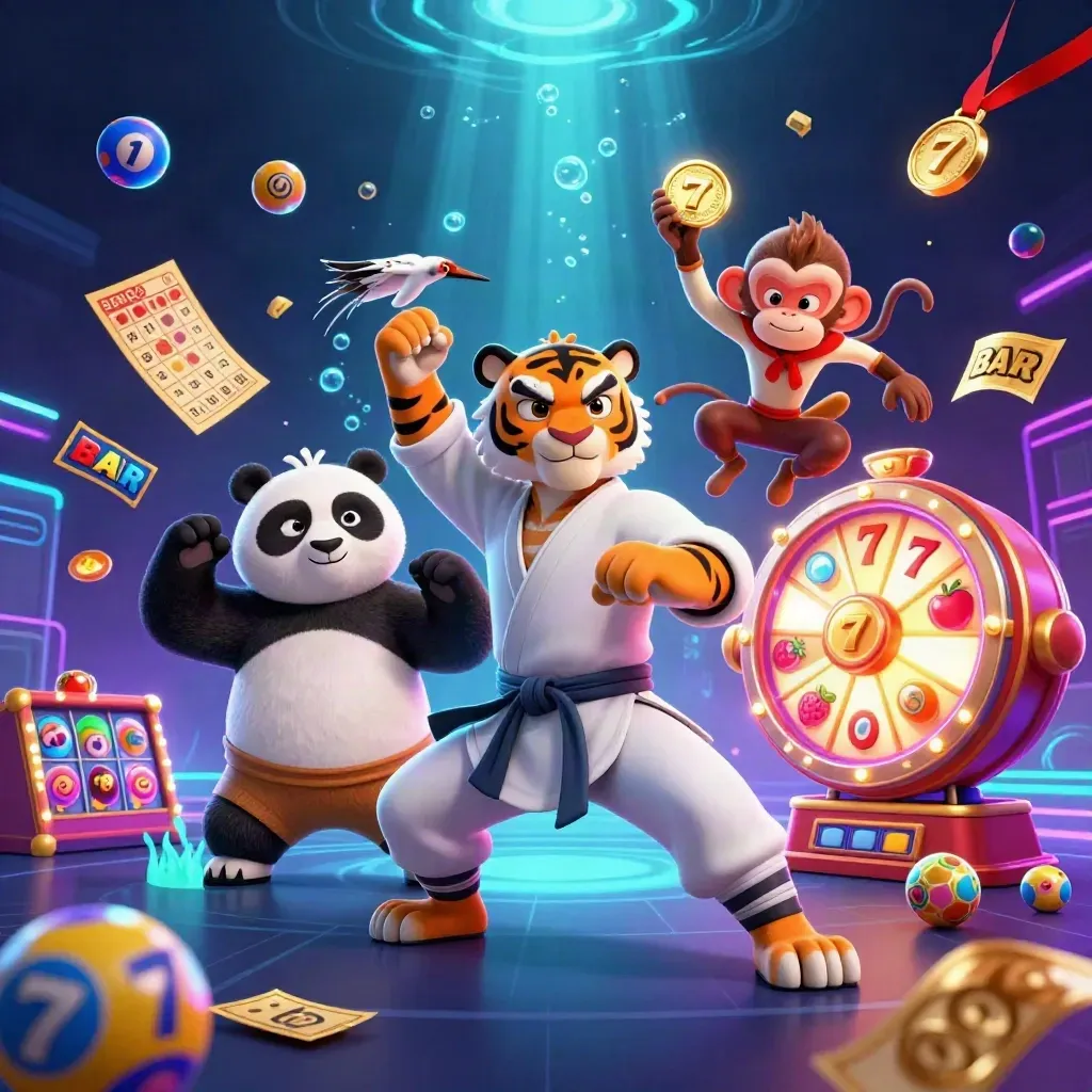 Tiger, panda, and monkey in a neon casino action splash with glowing reward effects.