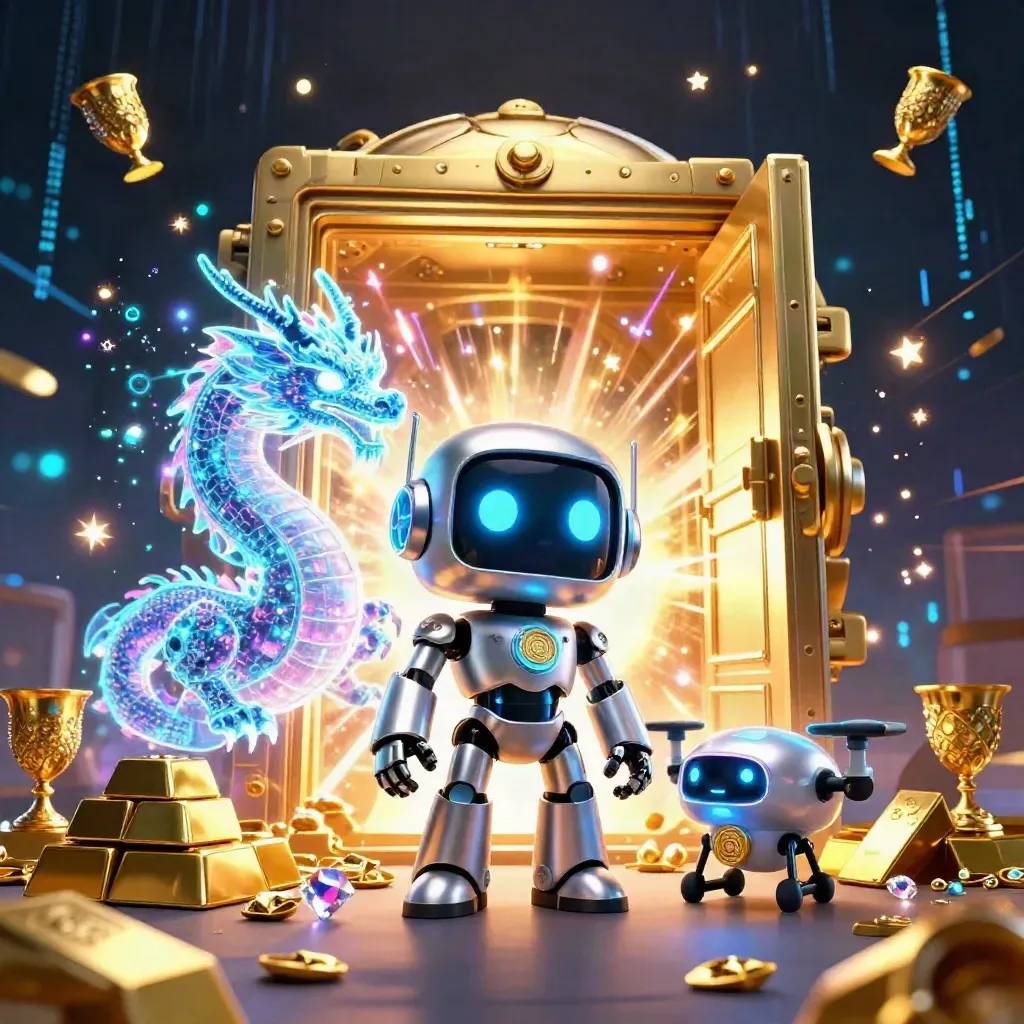 Robot, holographic dragon, and coin drone burst from a golden vault amid cyan neon and treasure