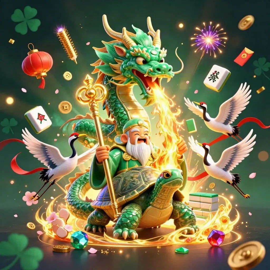 Jade dragon, turtle sage and cranes burst through gold fire, lanterns, coins and gem shards.