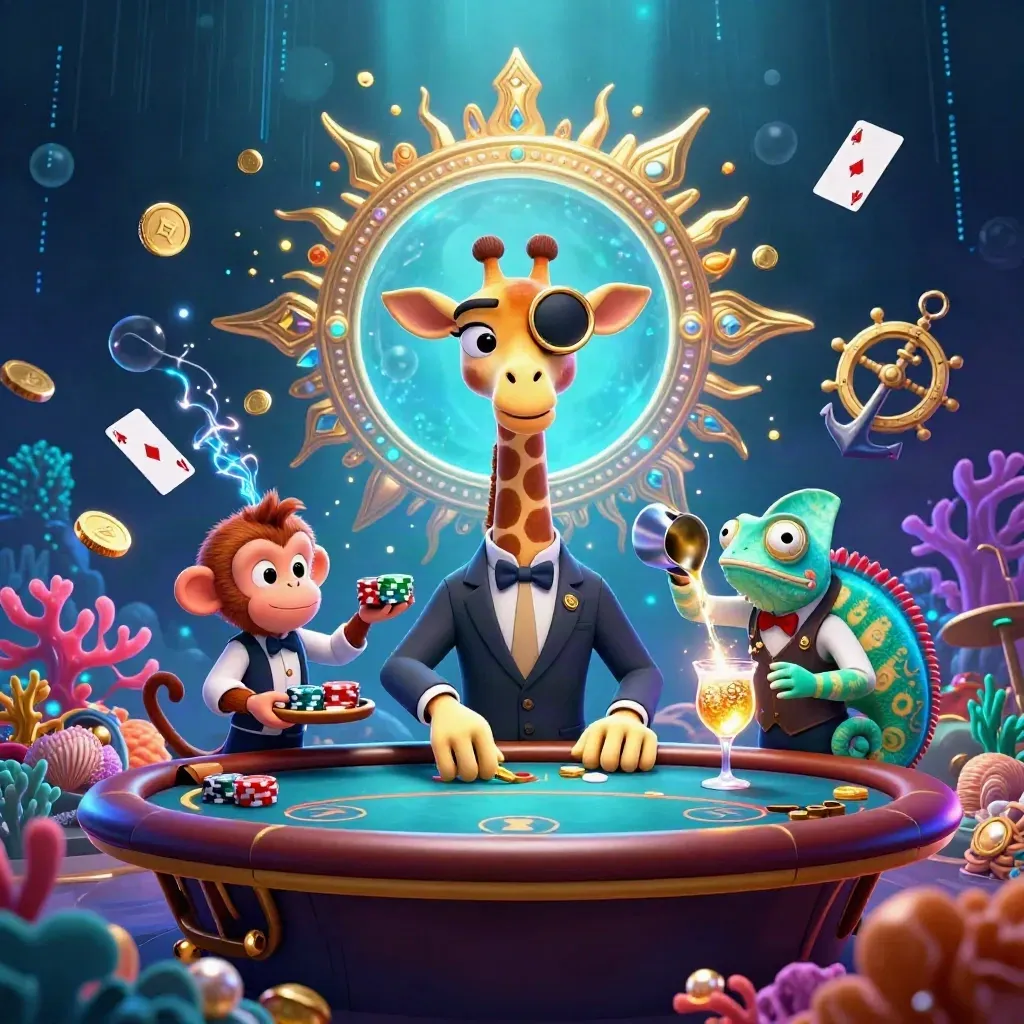 Giraffe, monkey, and chameleon in a cyan-lit treasure cove with coins, coral, cards, and glowing casino glam.