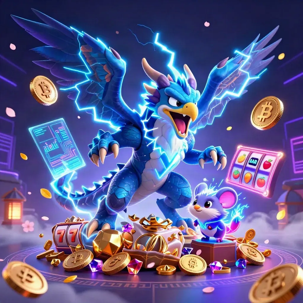 Thunder dragon, hawk, and mouse amid coins, lightning, gems, and casino glow
