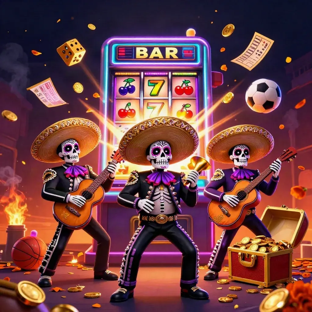 Skeleton mariachi trio amid jackpot slot explosion, gold coins, embers, and sports bets