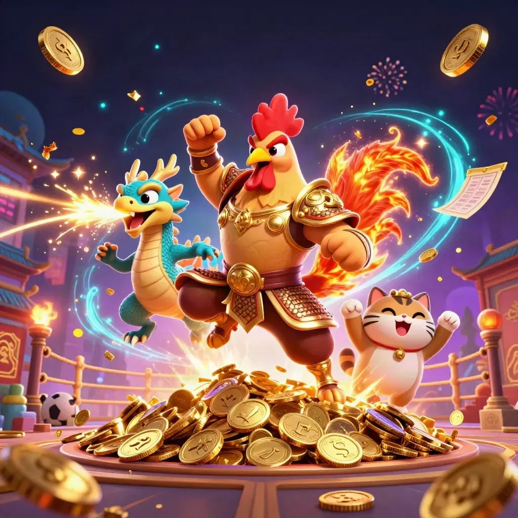 Rooster samurai, spark-breathing hatchling and fortune cat amid coins, fireworks, and casino glow