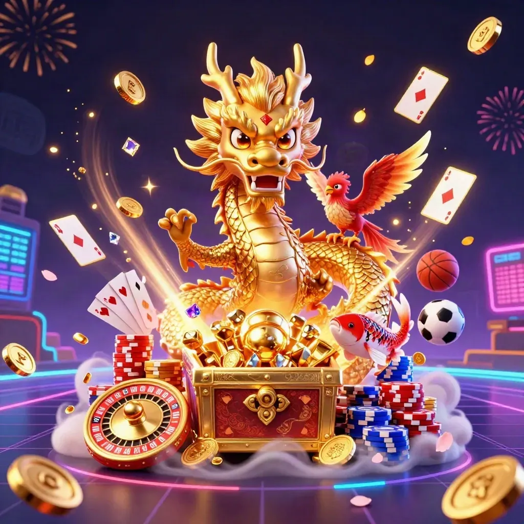 Golden dragon, phoenix, koi and casino riches exploding in neon midnight celebration.