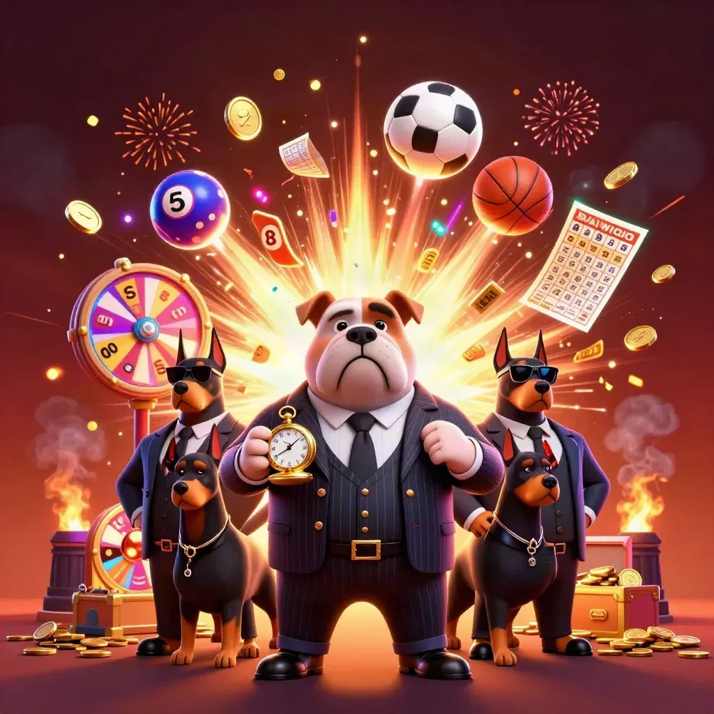 Bulldog mafia boss, Dobermans, coins, fireworks, lottery balls, and casino props in neon glow.