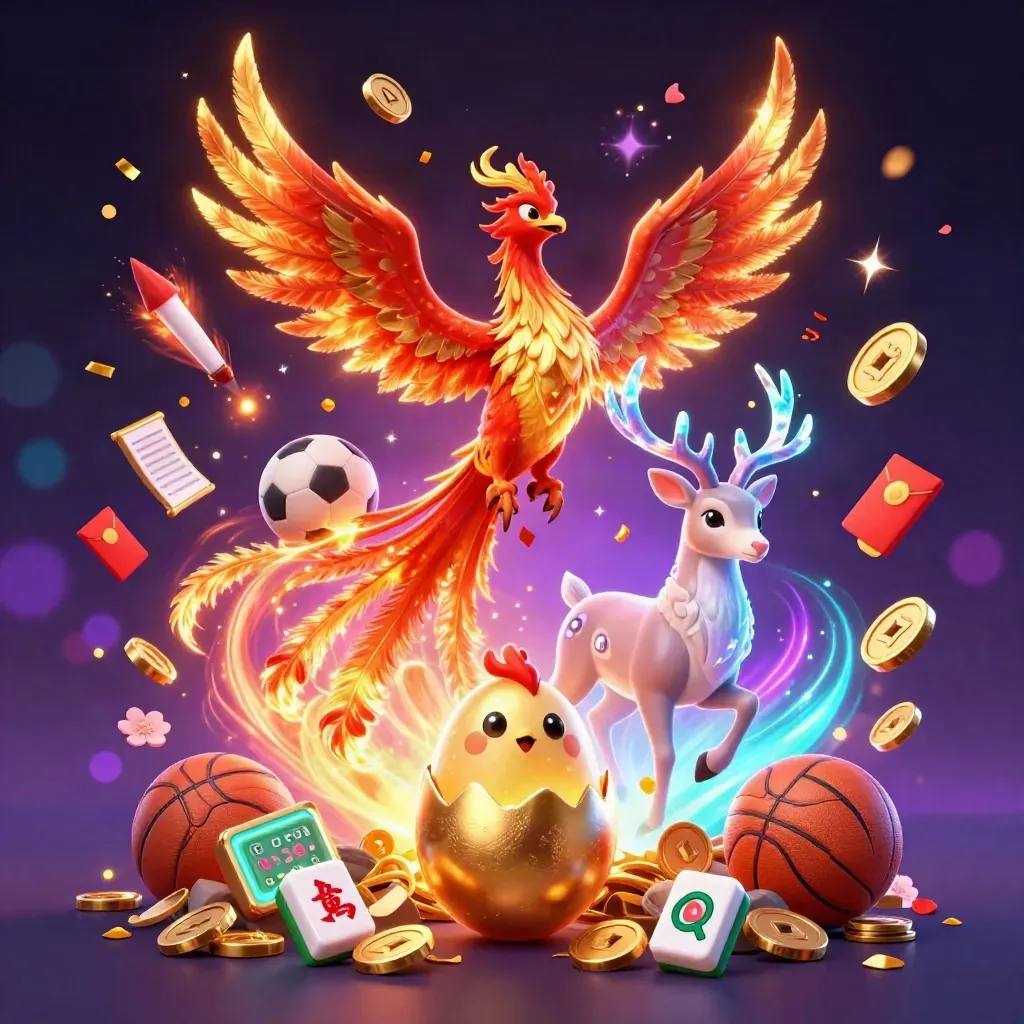 Phoenix, baby phoenix, and crystal stag burst from a vault with coins, fireworks, and casino symbols.