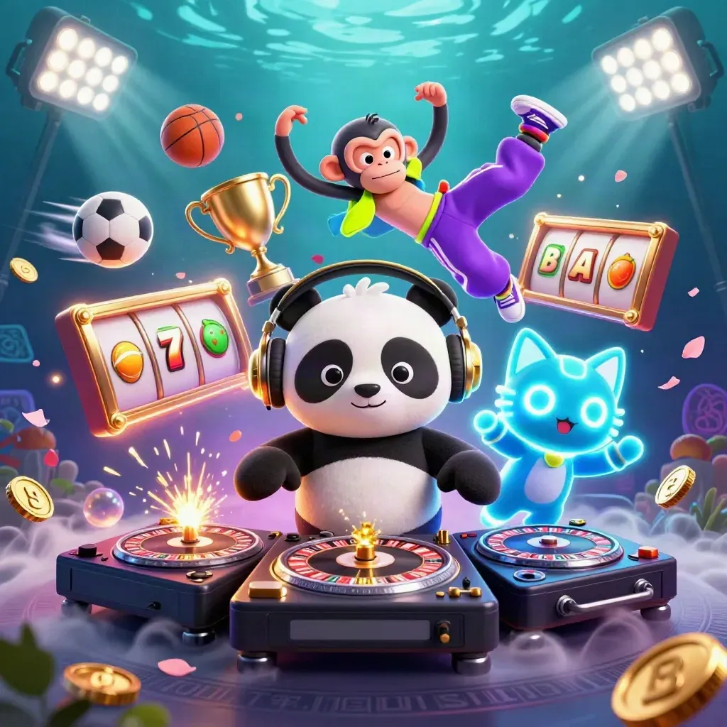DJ panda, breakdancing monkey, and glow-stick kitten in a luxe casino splash scene