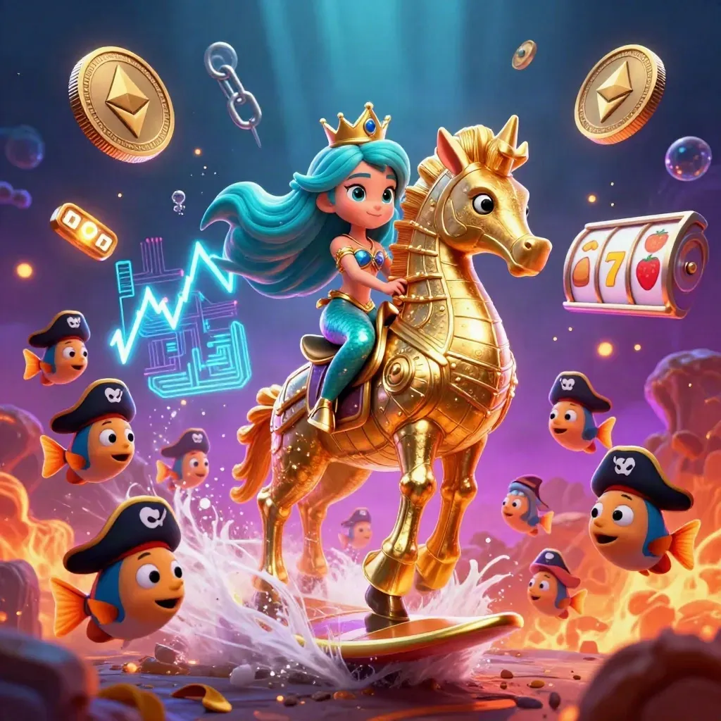 Mermaid princess on golden seahorse with pirate fish, glowing casino and crypto effects