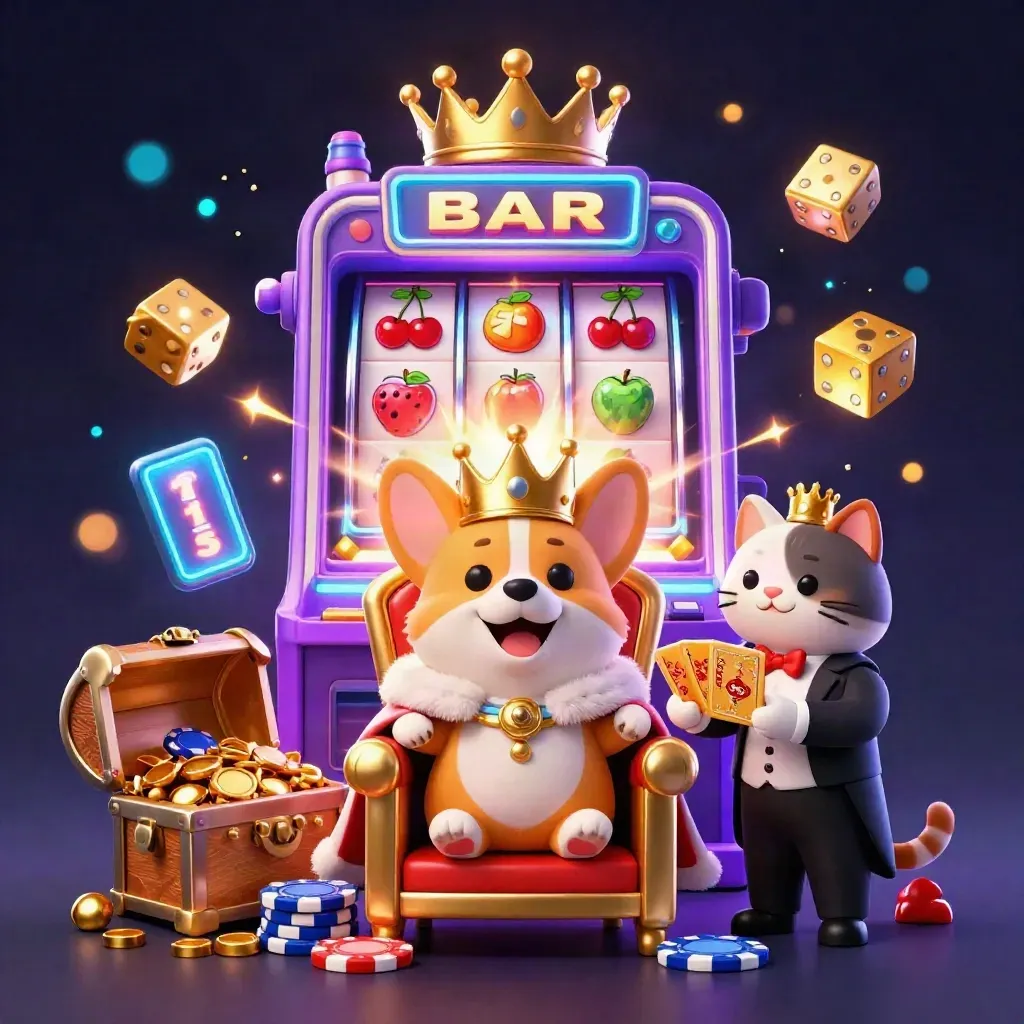 Regal corgi and cat butler amid exploding slot symbols, gold, and neon casino glow.