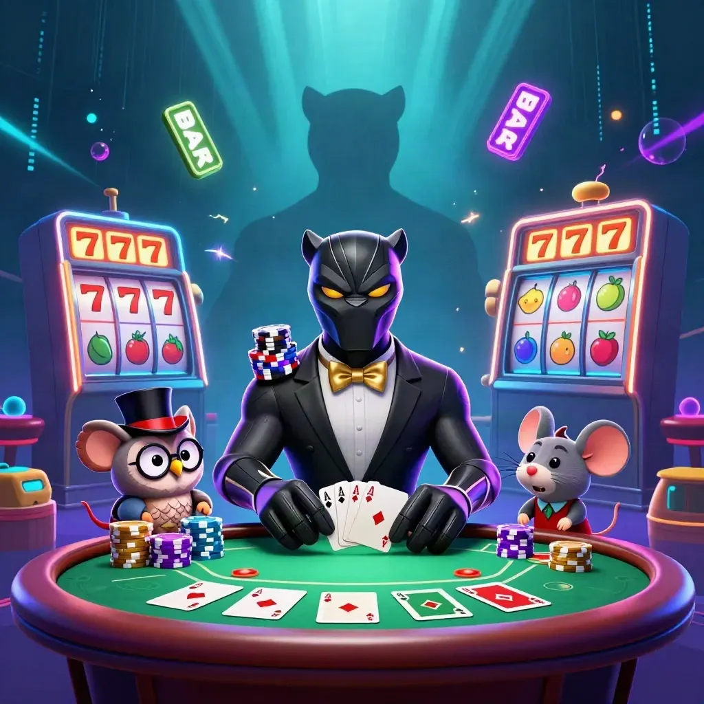 Panther, owl, and mouse amid casino chips, cards, reels, and cyan glow in a dark luxe scene.